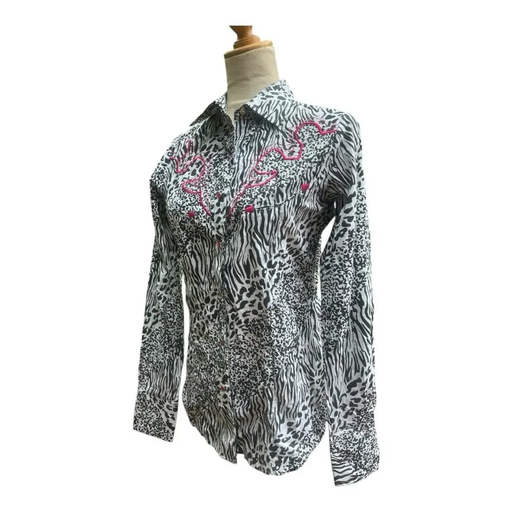 Sherry Cervi Animal Print Pink Embroidery Pearl Snap Shirt NWT S Rodeo Western